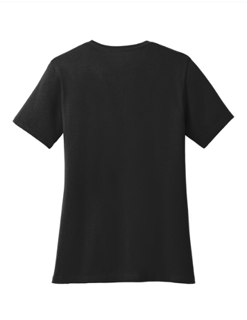 Back view of a plain black T-shirt with a smooth surface and no visible print.